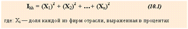 Text Box: Ihh = (X1)2 + (X2)2 + …+ (Xn)2 (10.1)где: Xi — доля каждой из фирм отрасли, выраженная в процентах
